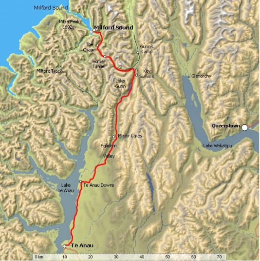 Te Anau to Milford Sound map Te Anau to Milford Sound map